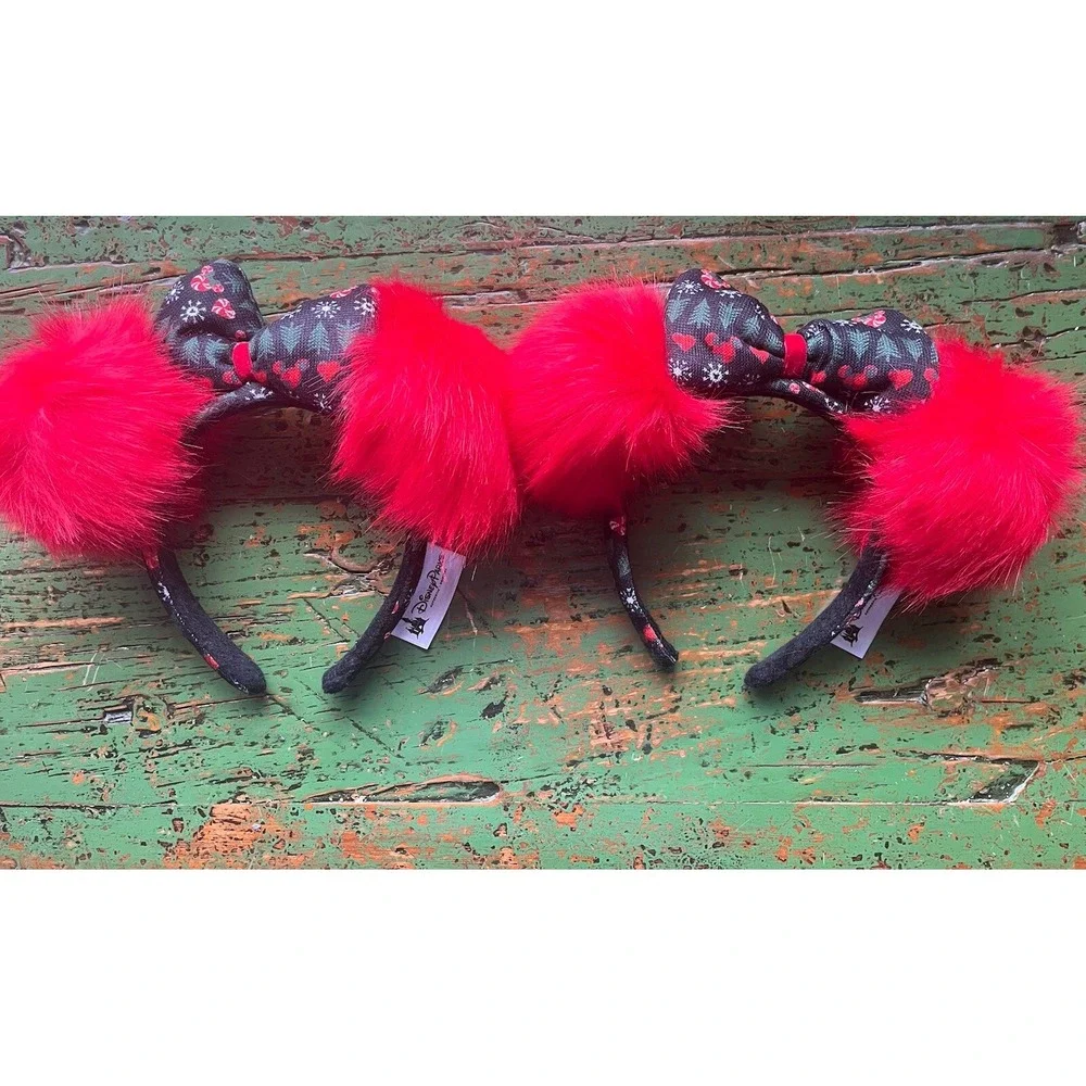 Disney Parks Holiday Christmas‎ Pom Pom Minnie Mouse Ears Headband Set Of 2